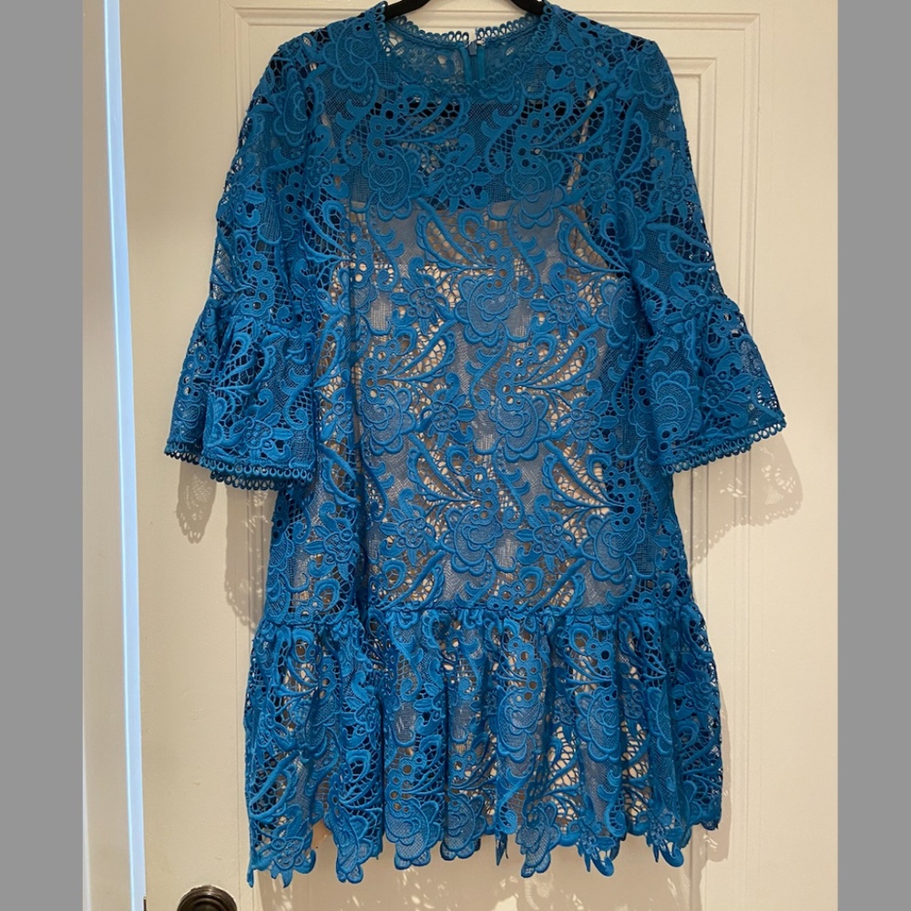 Monique Lhuillier Cocktail Mini Dress Bell Sleeve Eyelet - Picture 4 of 6